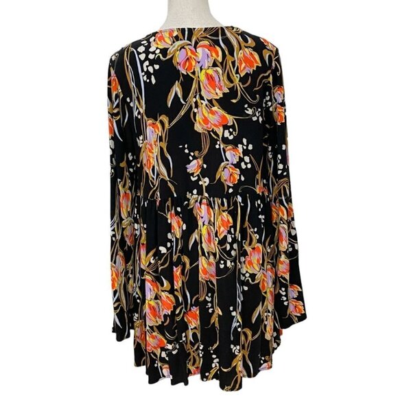 FREE PEOPLE BELLA BLACK FLORAL V-NECK LONG SLEEVE TUNIC TOP - S - Picture 4 of 10